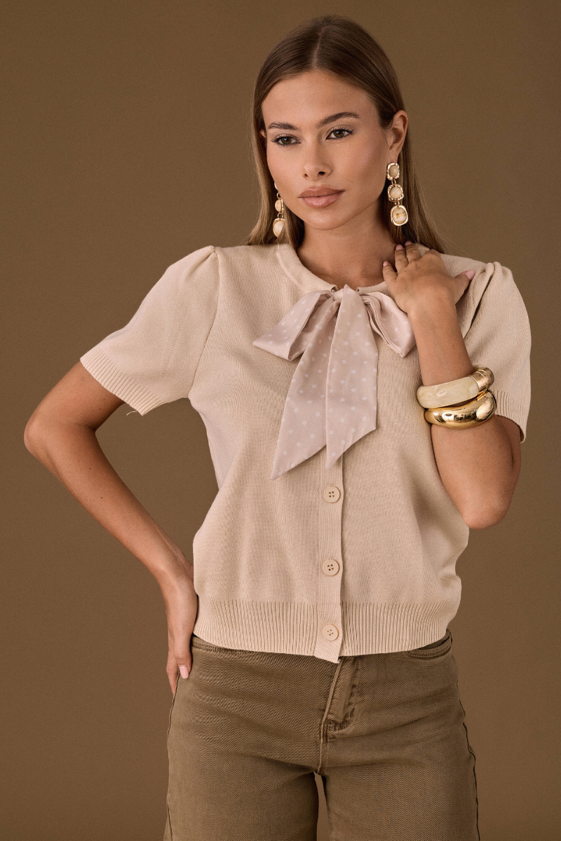 Cardigan Cravattino Pois Beige|Colore:Beige