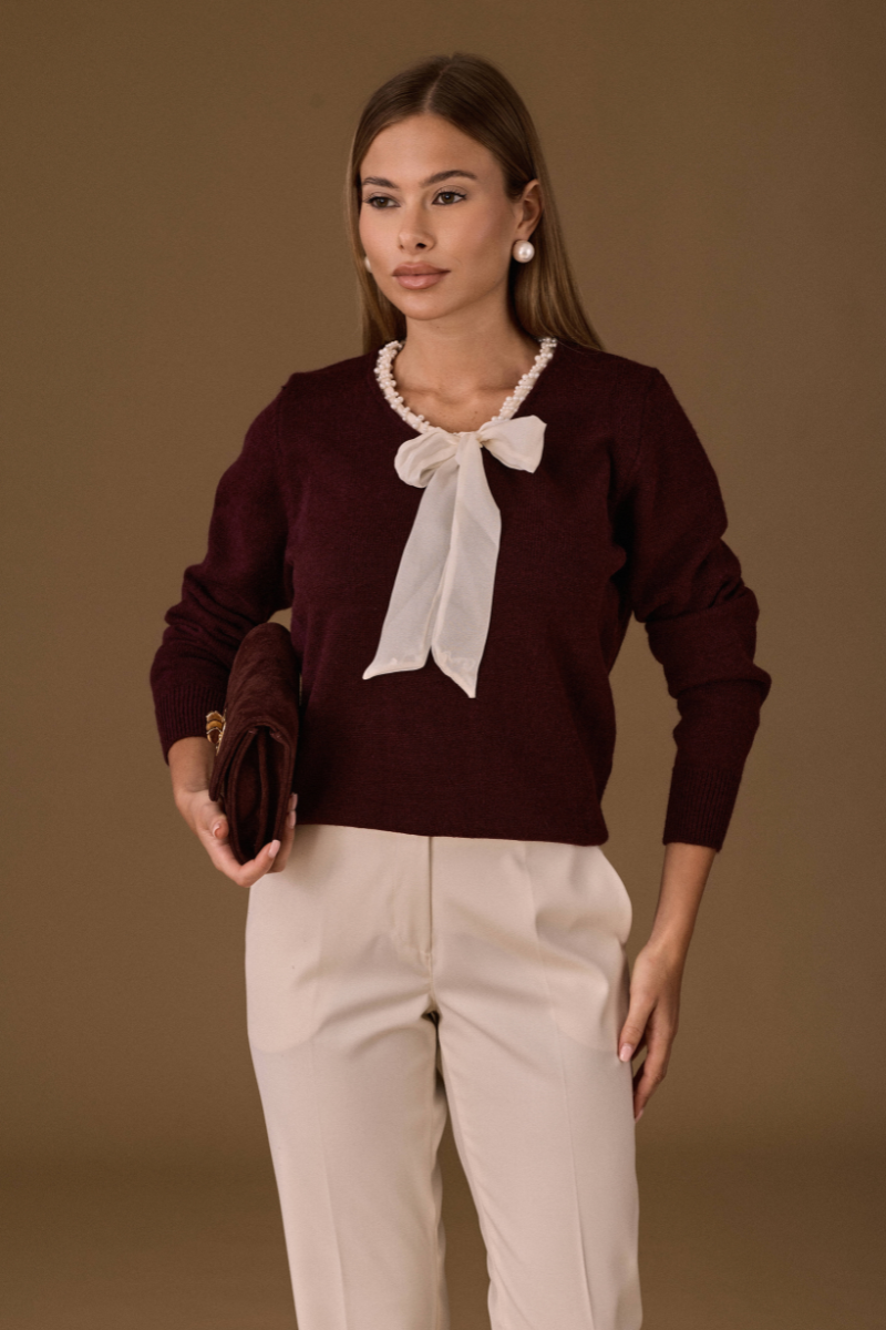 Maglia Cravattino Perle Vinaccio|Colore:Vinaccio
