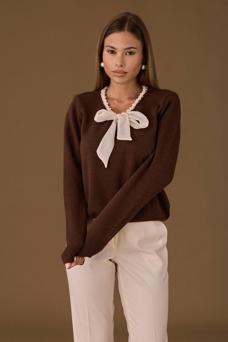 Maglia Cravattino Perle Cacao|Colore:Cacao