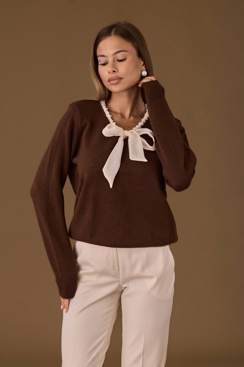 Maglia Cravattino Perle Cacao|Colore:Cacao