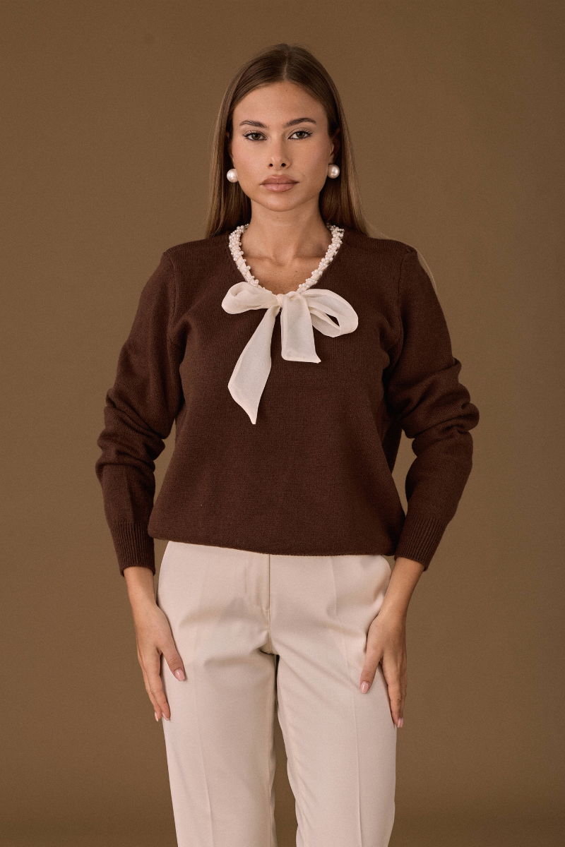Maglia Cravattino Perle Cacao|Colore:Cacao