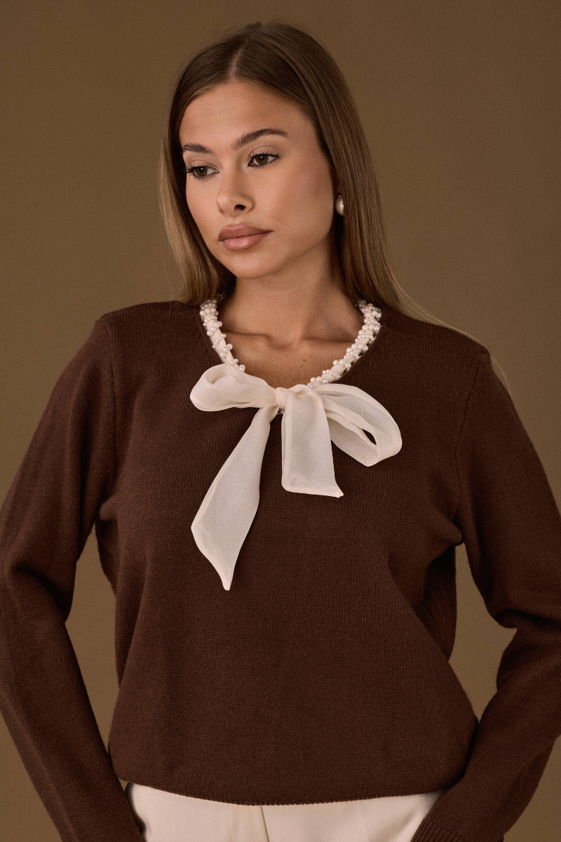 Maglia Cravattino Perle Cacao|Colore:Cacao