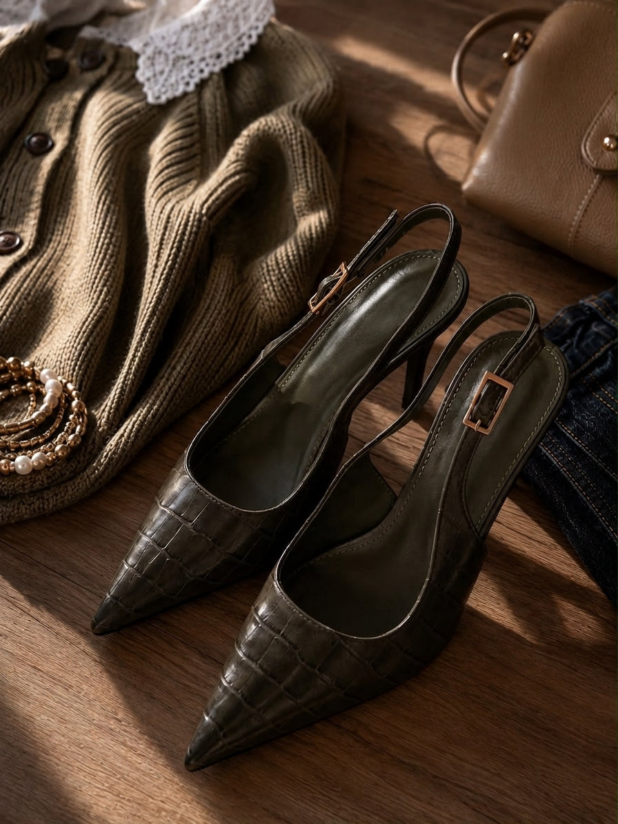 Slingback Effetto Cocco Verde militare|Colore:Verde militare