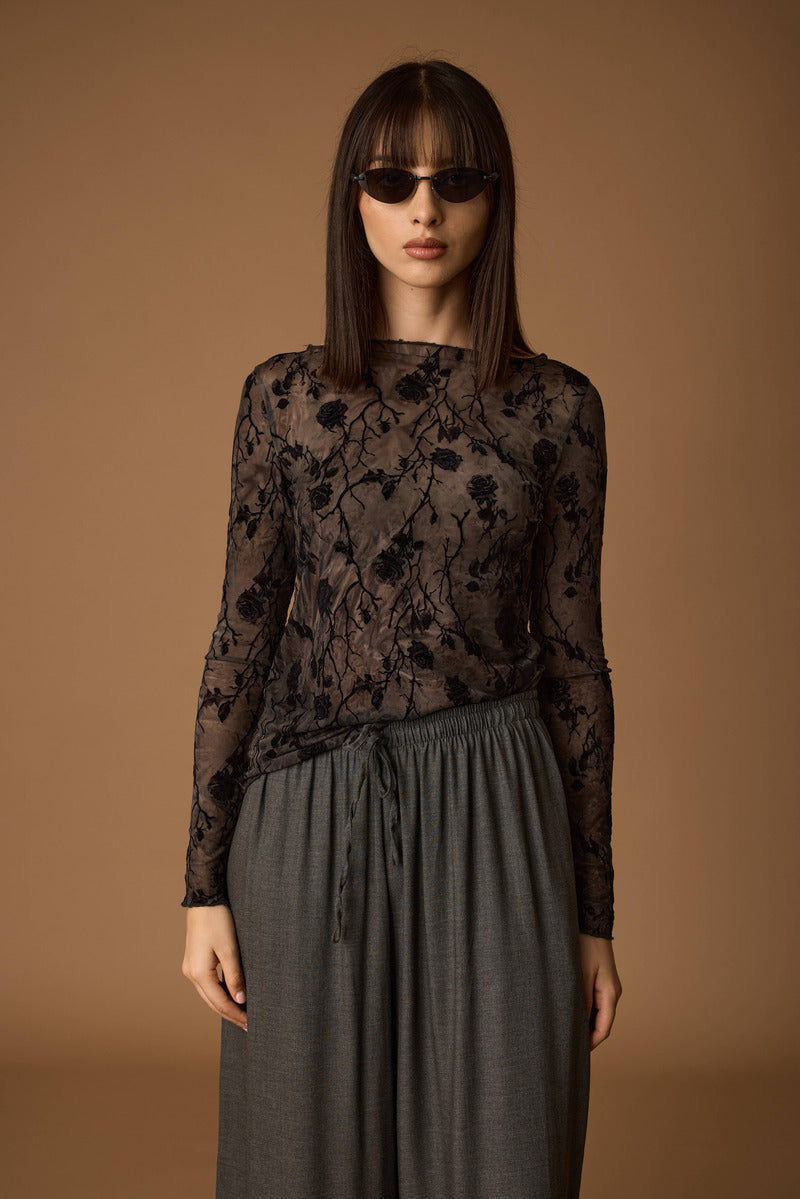 Maglia Tulle Rose nero|Colore:Nero