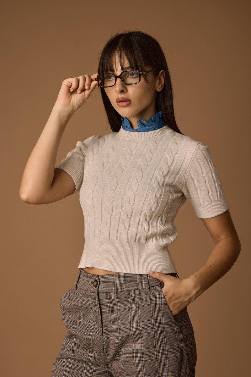 Pull Mezza Manica Trecce gesso|Colore:Gesso