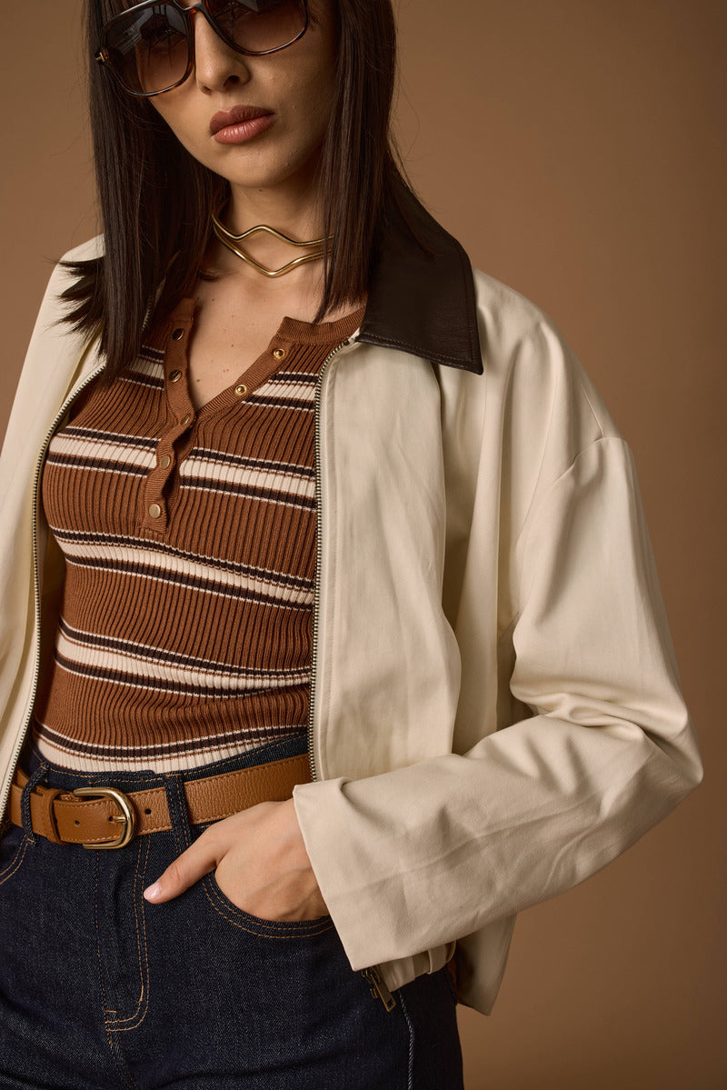 Bomber Colletto Ecopelle burro|Colore:Burro