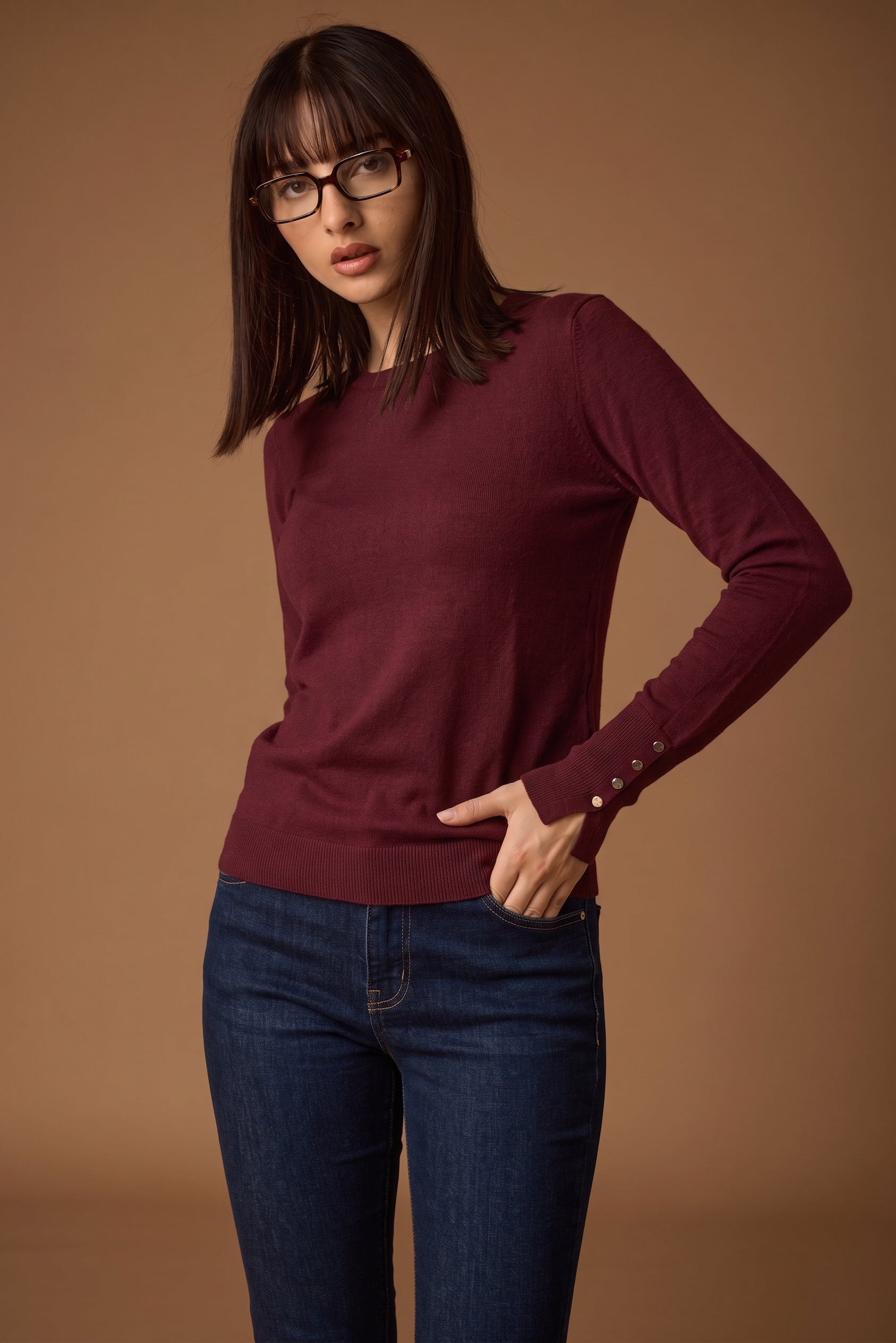Pull Girocollo Bottonicini Bordeaux|Colore:Bordeaux
