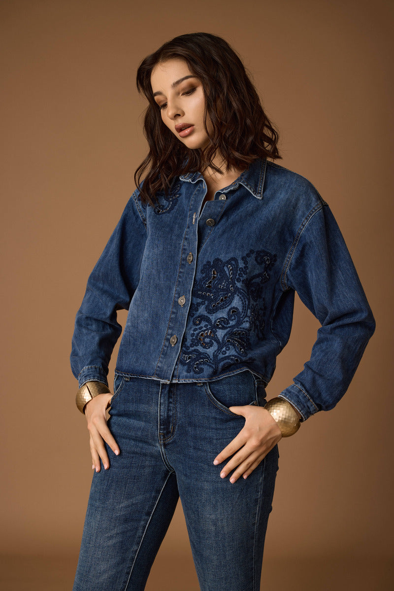 Camicia Denim Con Ricamo denim|Colore:Denim