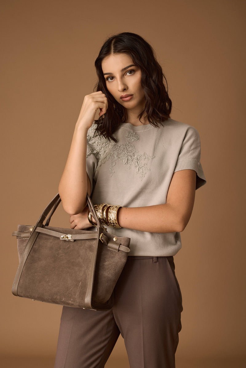 Pull Con Applicazione fango chiaro|Colore:Fango chiaro