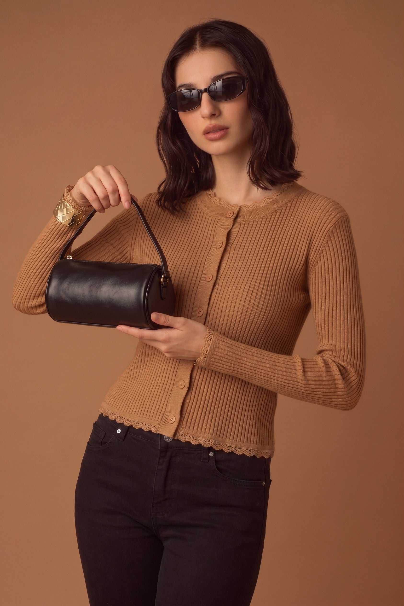 Cardigan Costine E Pizzo cammello|Colore:Cammello