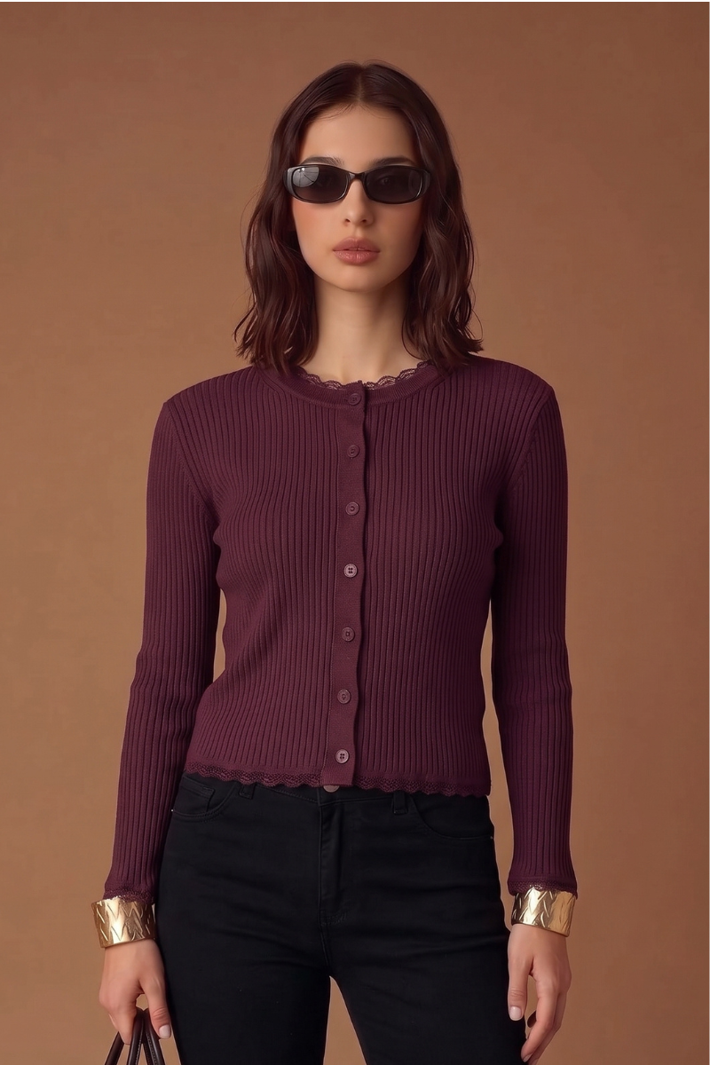 Cardigan Costine E Pizzo malva|Colore:Malva