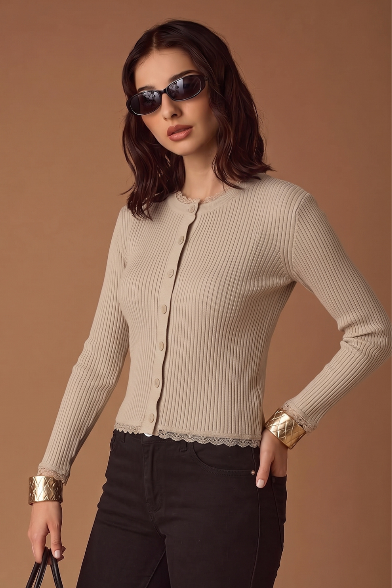 Cardigan Costine E Pizzo beige|Colore:Beige