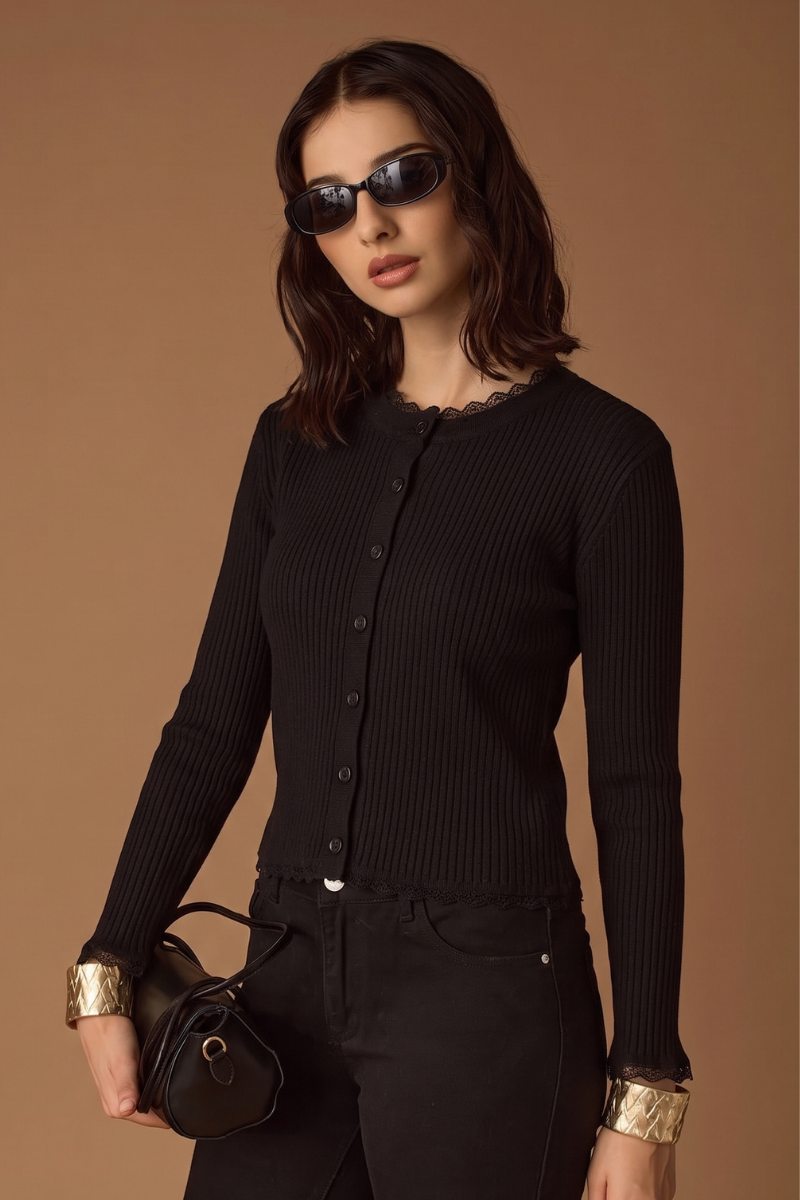 Cardigan Costine E Pizzo nero|Colore:Nero