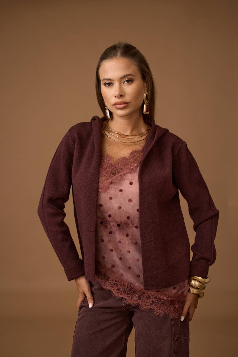 CArdigan Aperto Con Cappuccio vinaccio|Colore:Vinaccio