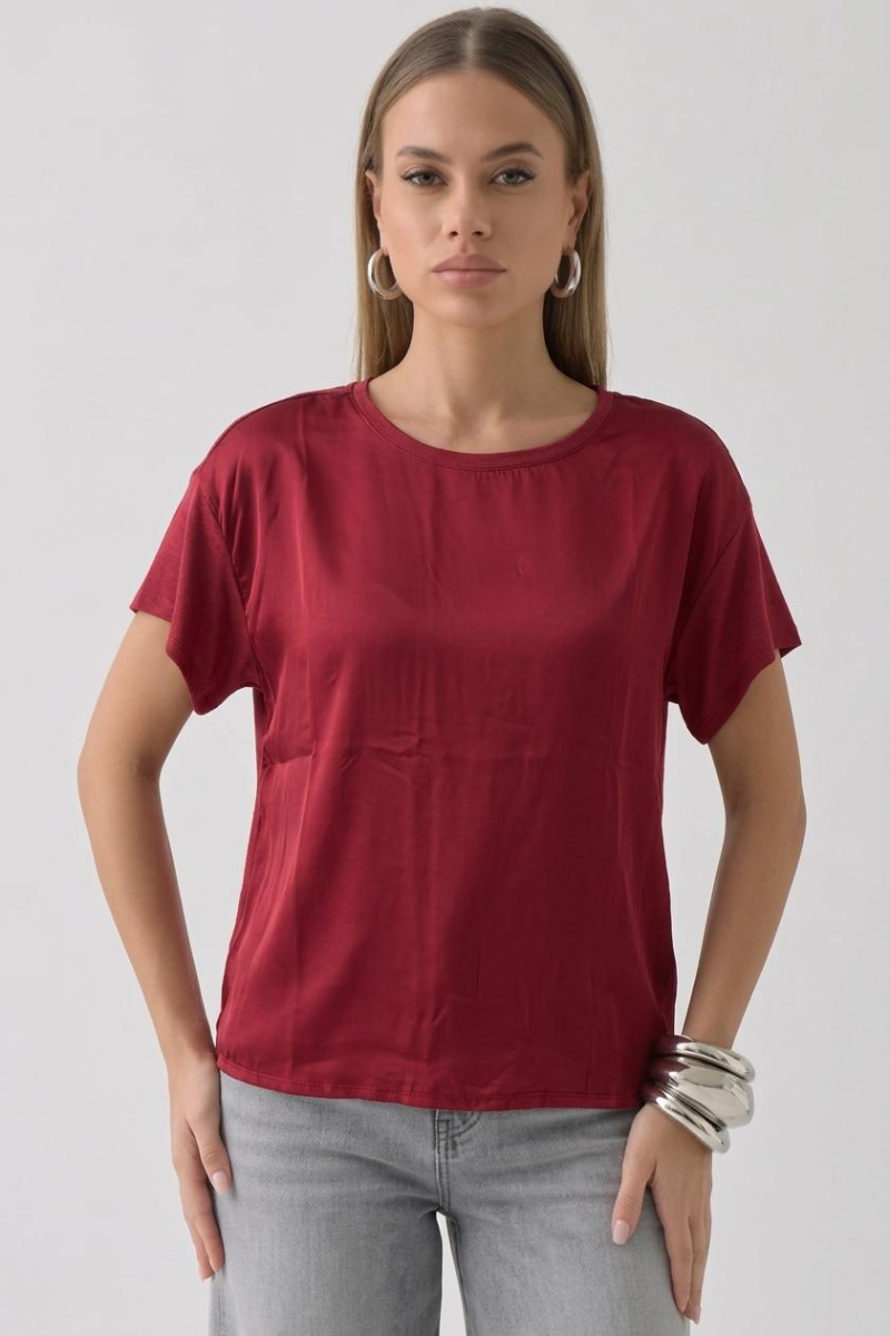 Maglia Mezza Manica Seta E Viscosa rosso india|Colore:Rosso india