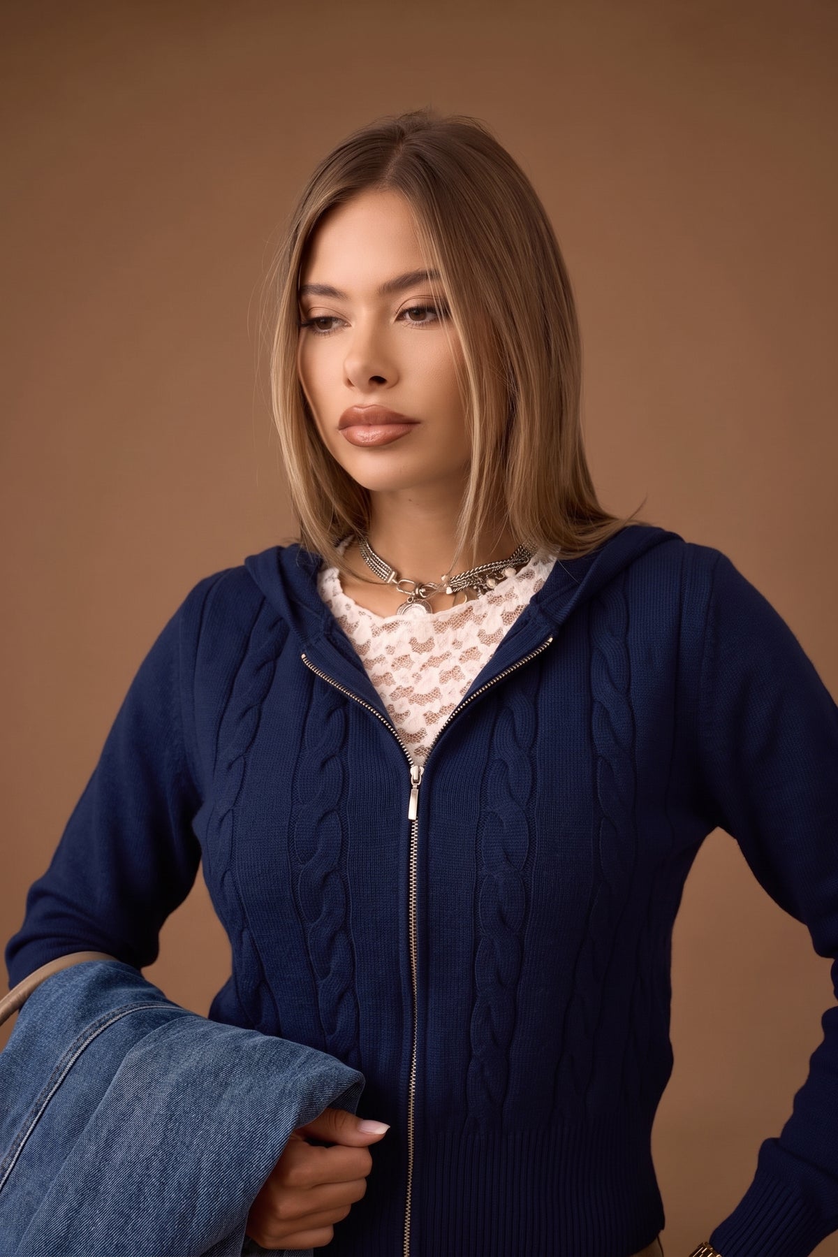 Cardigan Zip Trecce Blu|Colore:Blu