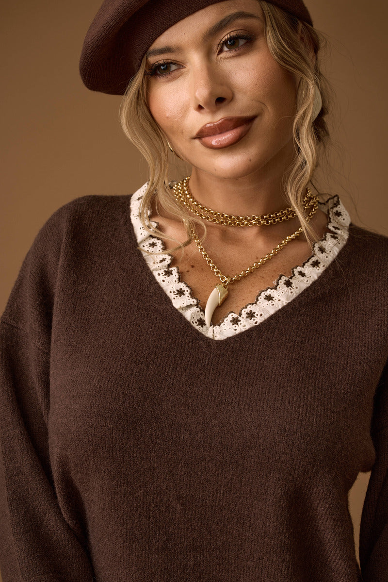 Pull Scollo V Con Macramé testa di moro|Colore:Testa di moro