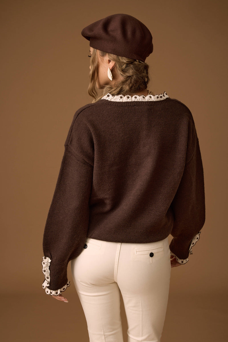 Pull Scollo V Con Macramé testa di moro|Colore:Testa di moro
