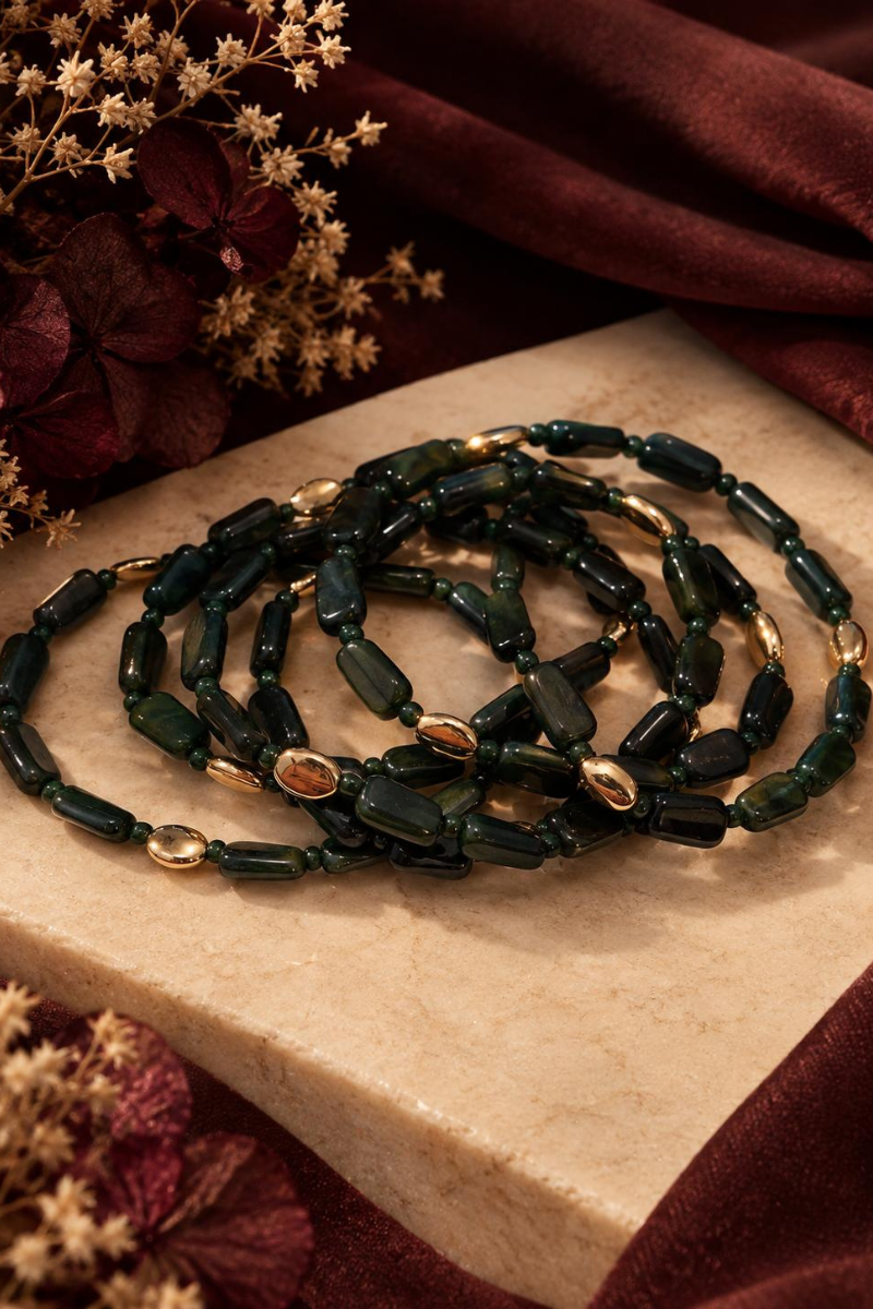 Multibracciale Mini Pietre Verde scuro|Colore:Verde scuro