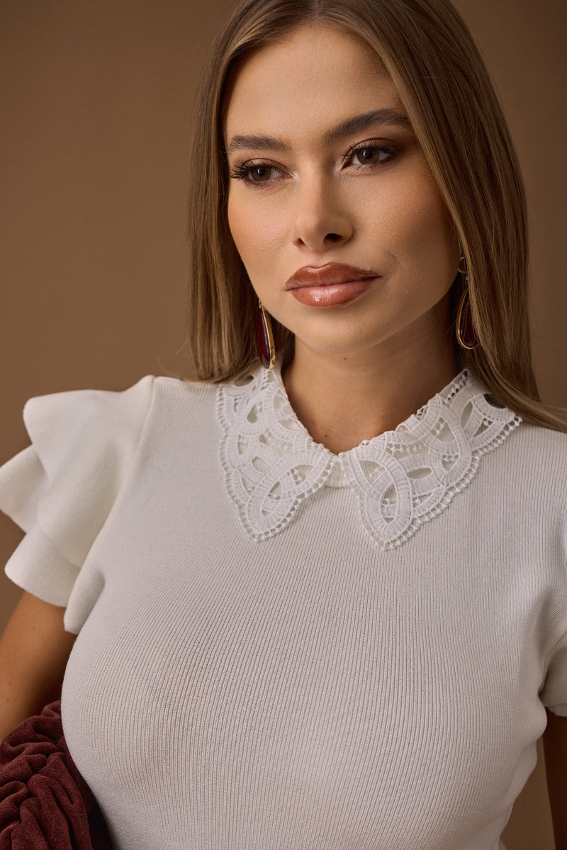 Maglia Colletto Macramè panna|Colore:Panna