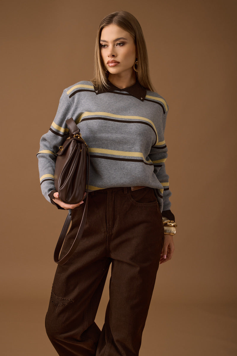 Maglia Righe Con Colletto grigio|Colore:Grigio