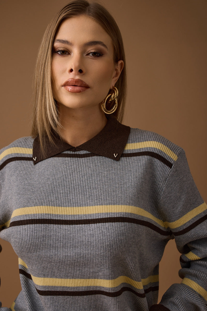 Maglia Righe Con Colletto grigio|Colore:Grigio
