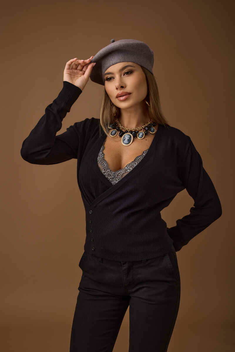 Maglia Incrociata Con Bottoni nero|Colore:Nero