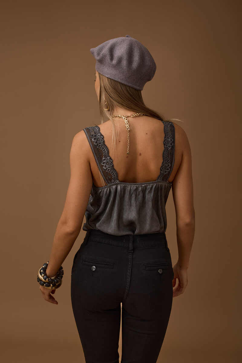 Top Seta E Pizzo Grigio scuro|Colore:Grigio scuro