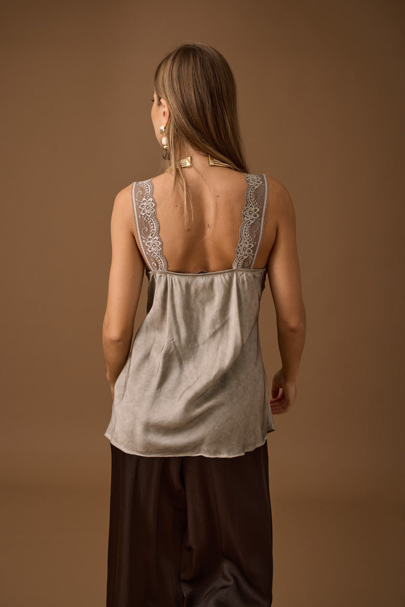 Top Seta E Pizzo Fango|Colore:Fango