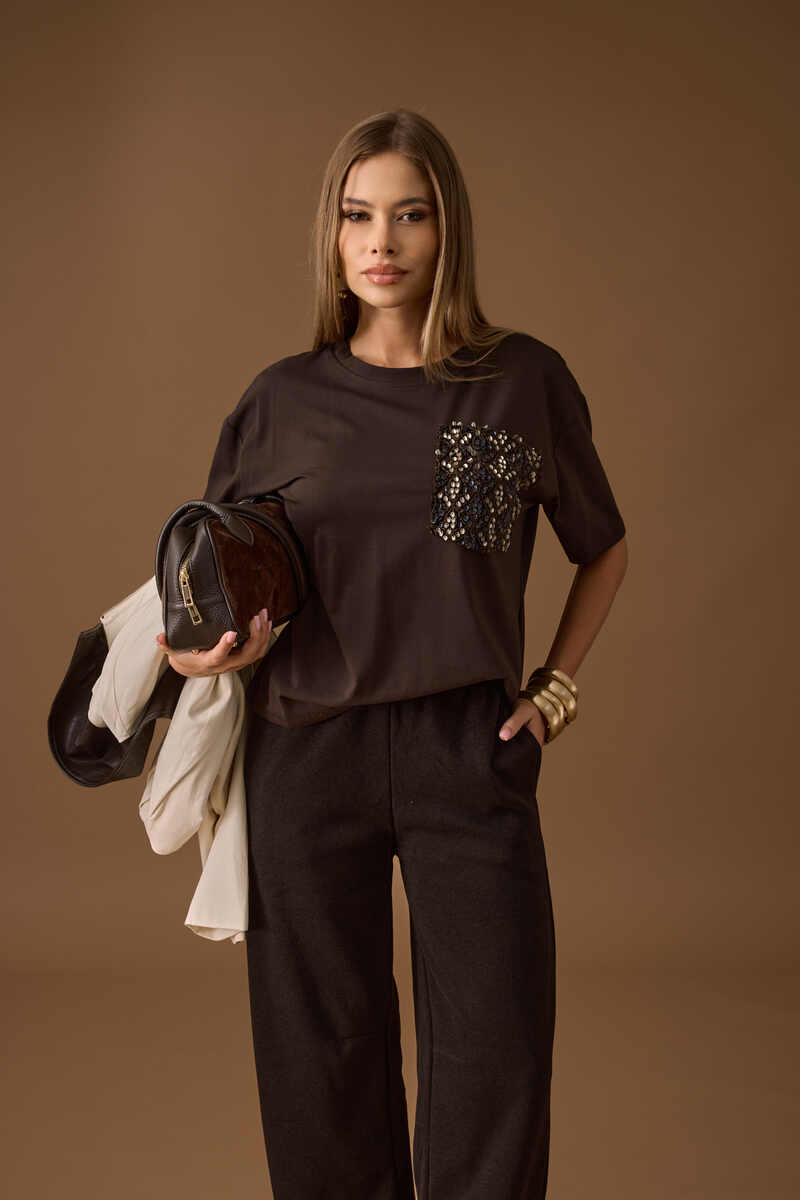 T-Shirt Tasca Paillettes testa di moro|Colore:Testa di moro