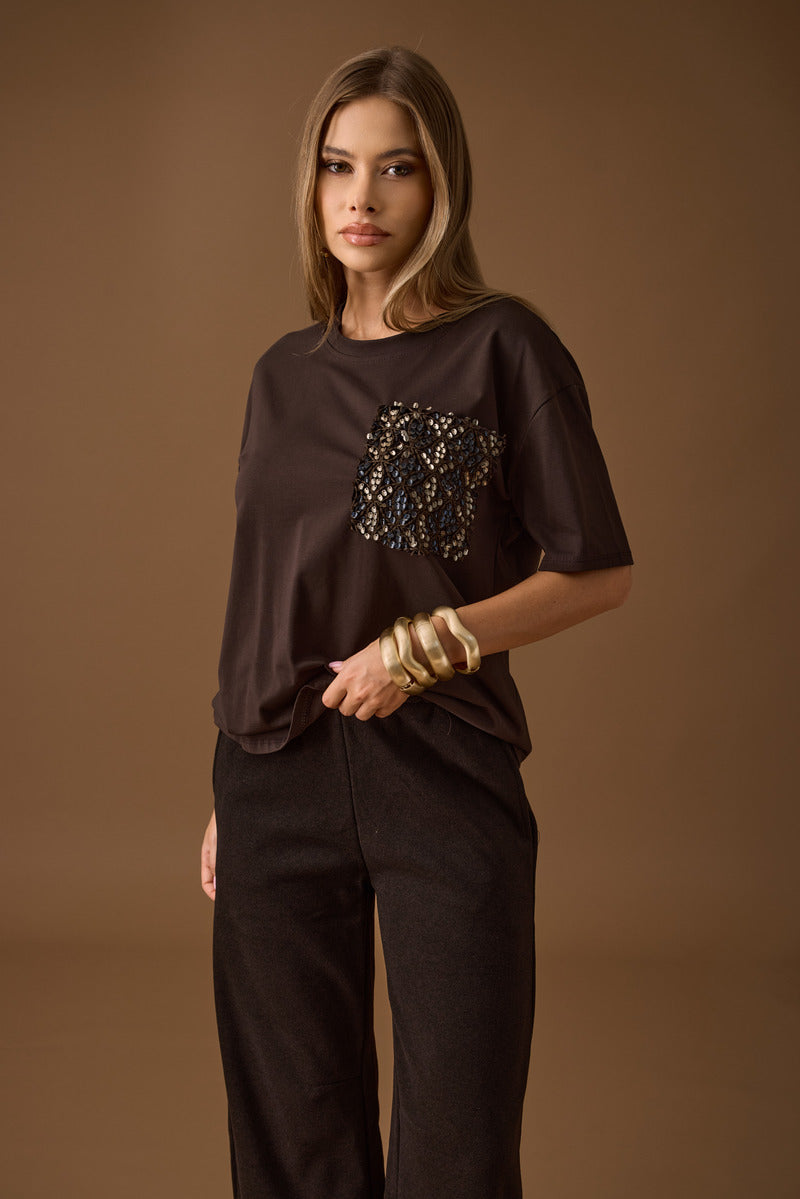 T-Shirt Tasca Paillettes testa di moro|Colore:Testa di moro