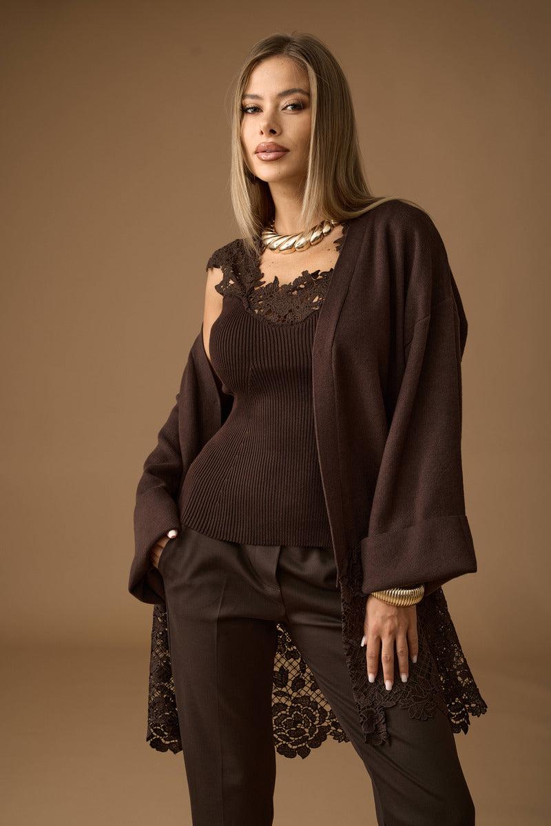 Cardigan Con Macramé testa di moro|Colore:Testa di moro