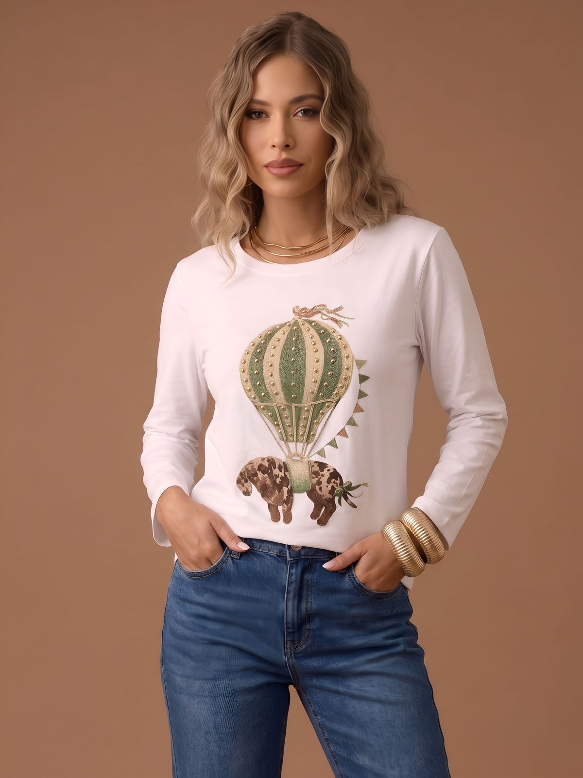 T-Shirt Manica Lunga Mongolfiera Dog verde militare|Colore:Verde militare