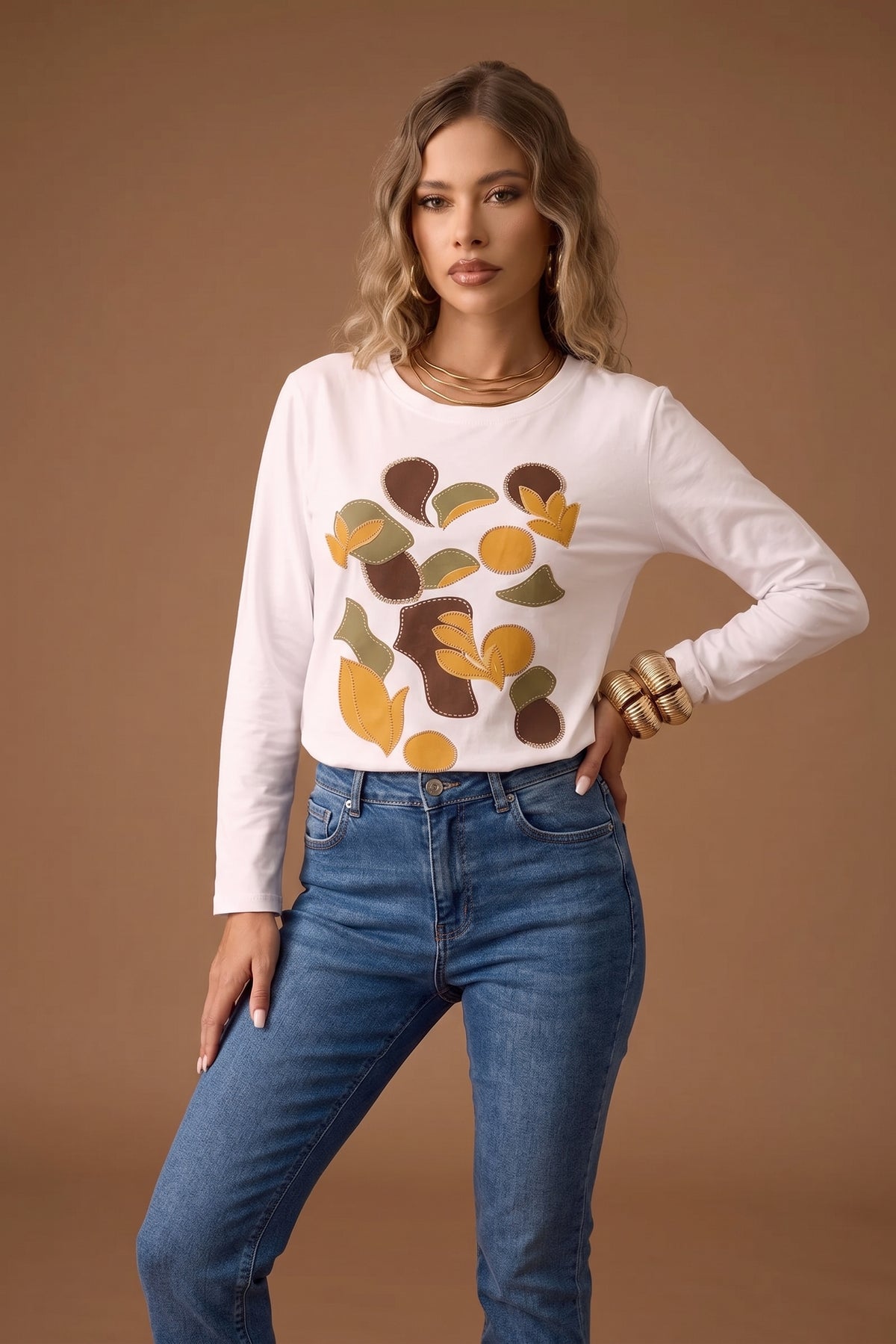 T-Shirt Manica Lunga Foglie ocra|Colore:Ocra
