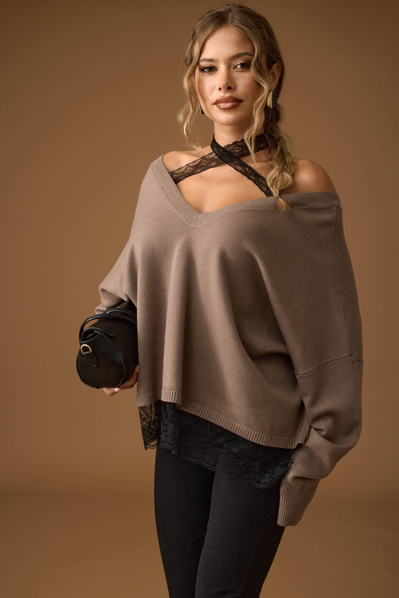 Pull Allacciaura In Pizzo Fango|Colore:Fango