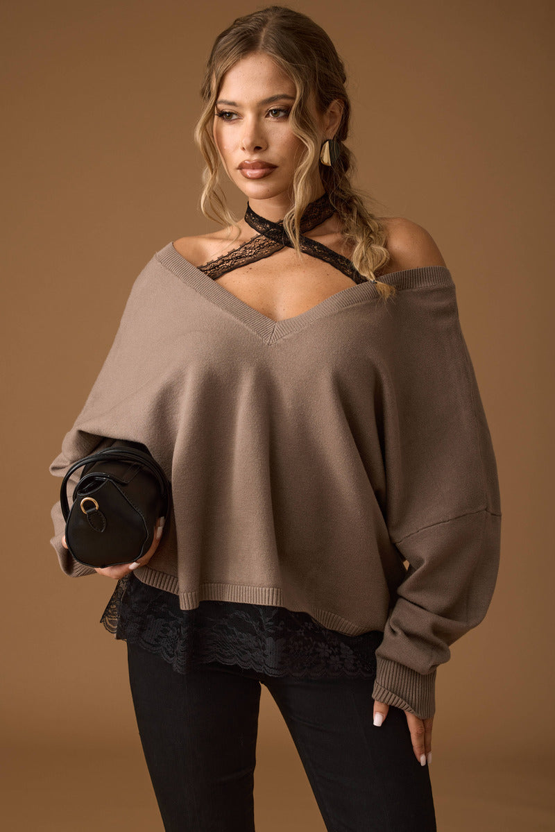 Pull Allacciaura In Pizzo Fango|Colore:Fango