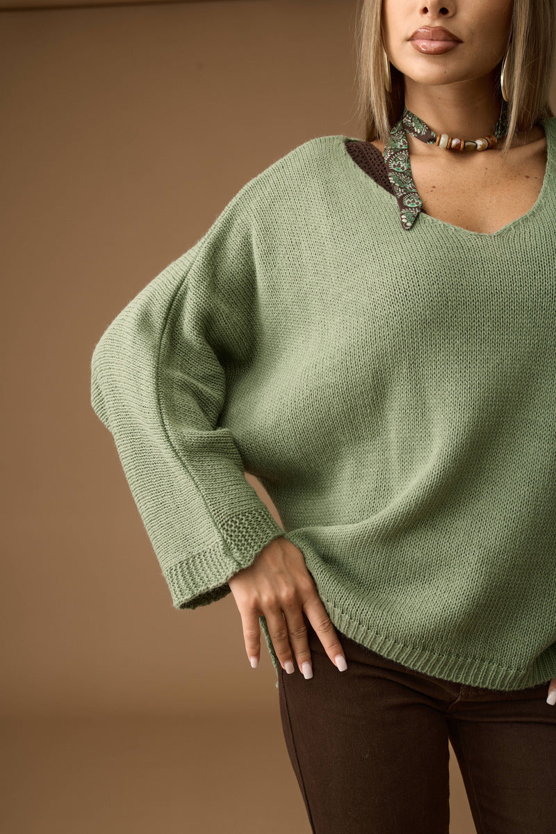Pull Over Scollo V verde salvia|Colore:Verde salvia