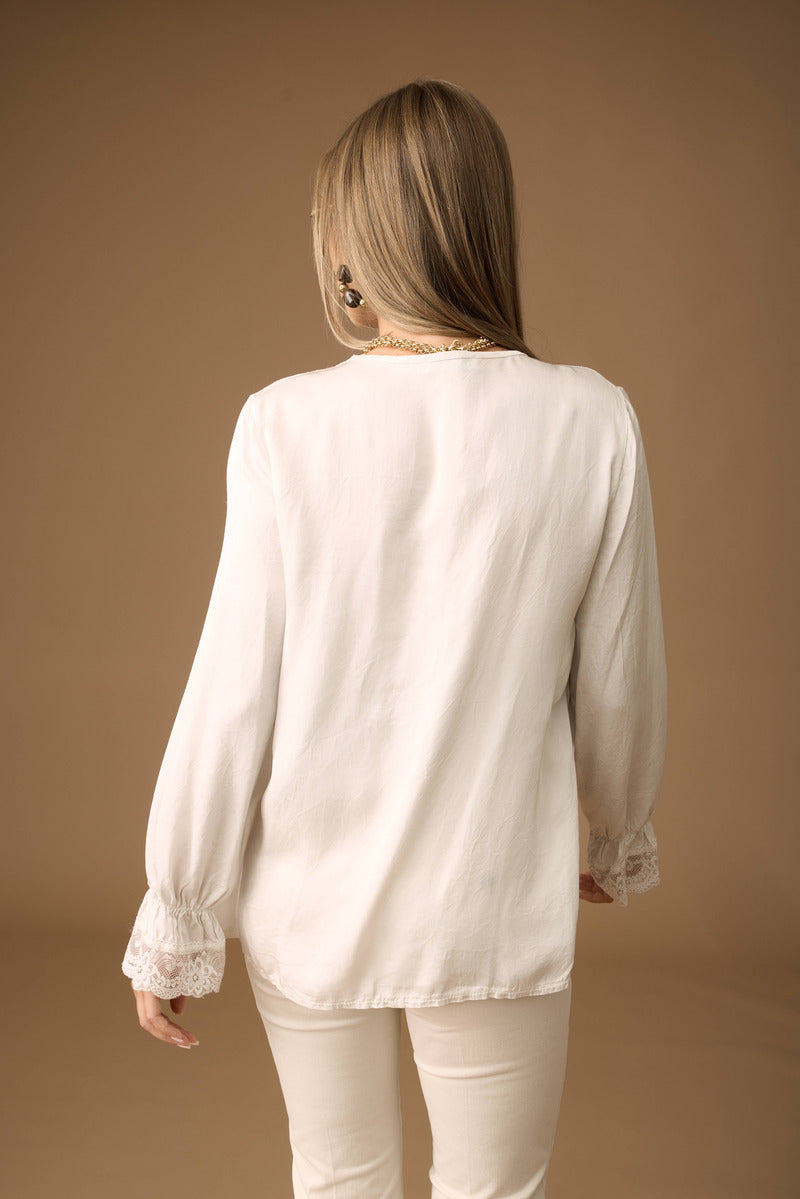 Blusa Scollo V Pizzo gesso|Colore:Gesso