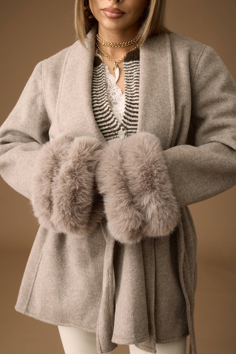 Cappotto Con Inserti Ecopelliccia tortora|Colore:Tortora