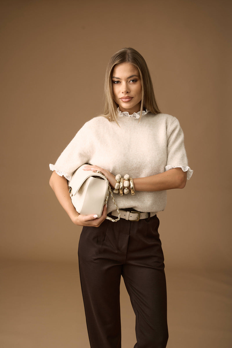 Pull Mezza Manica Con Merletto beige|Colore:Beige