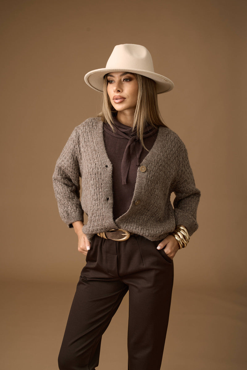 Cardigan Intreccio Bottoni Legno fango|Colore:Fango