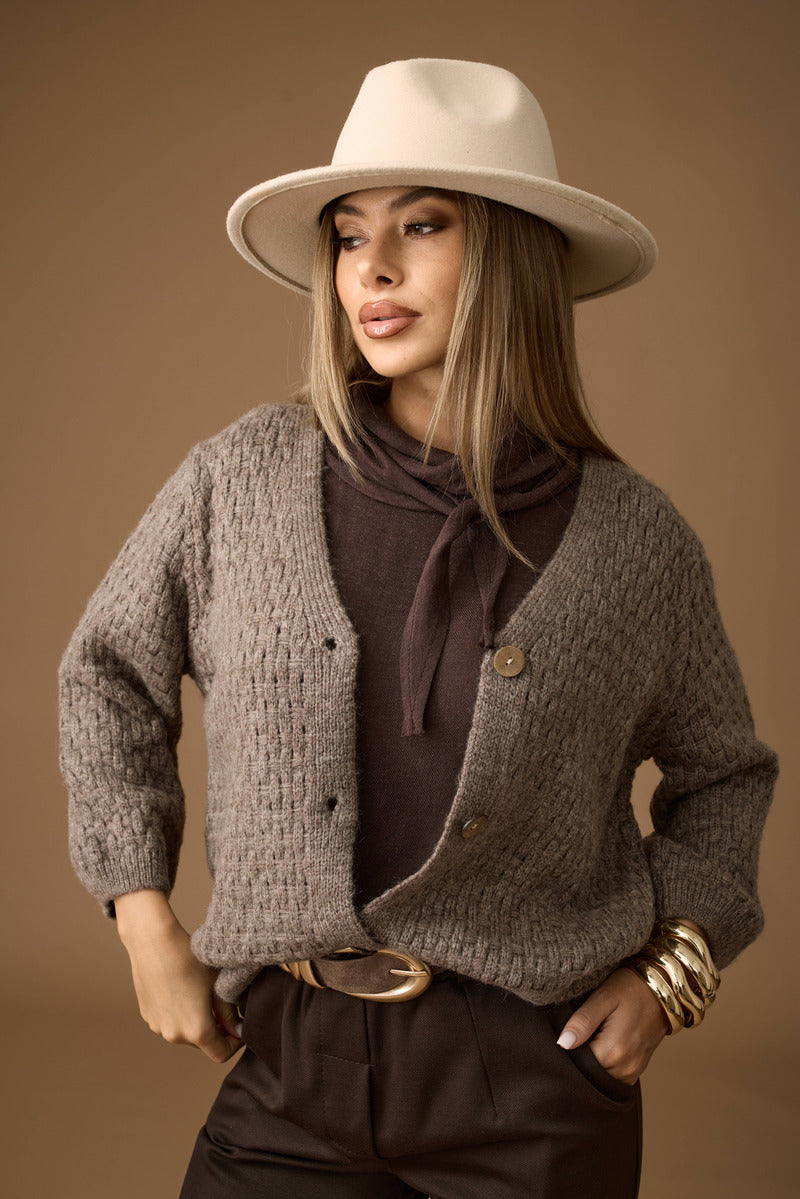 Cardigan Intreccio Bottoni Legno fango|Colore:Fango