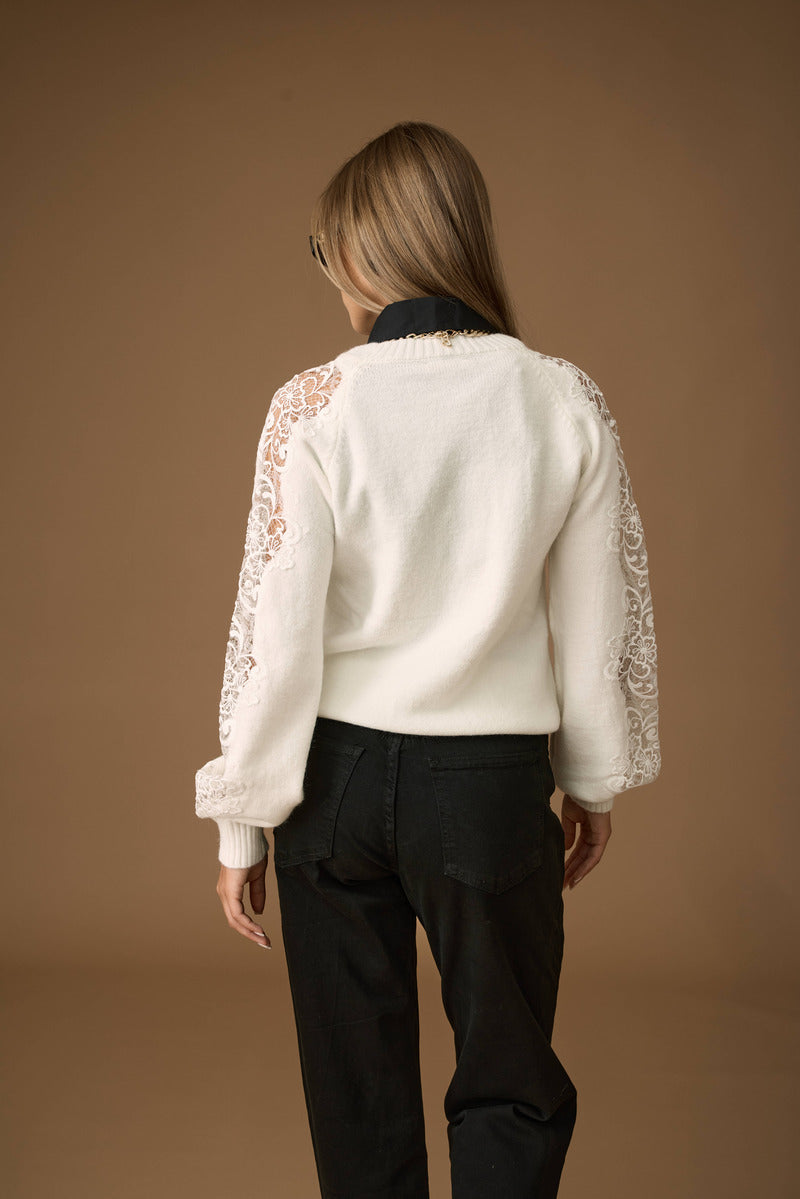 Pull Macramé Su Manica bianco|Colore:Bianco