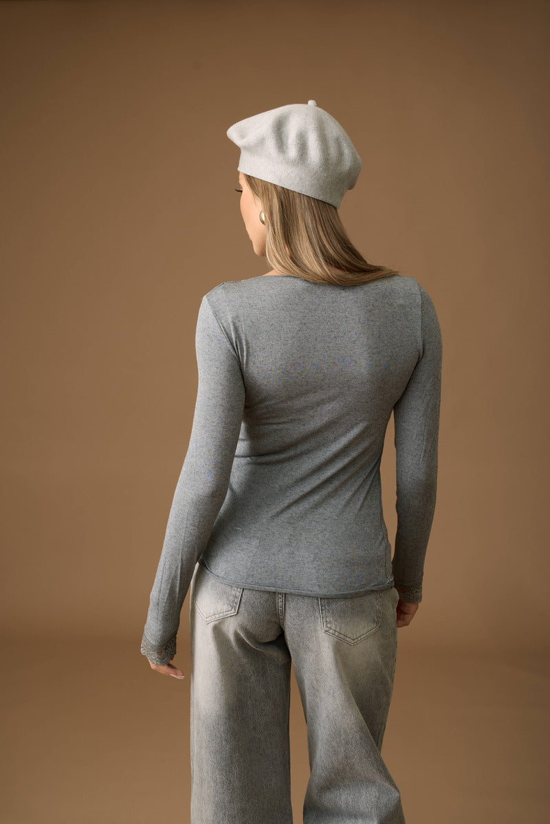 Maglia Pizzo Scollo A V Grigio|Colore:Grigio