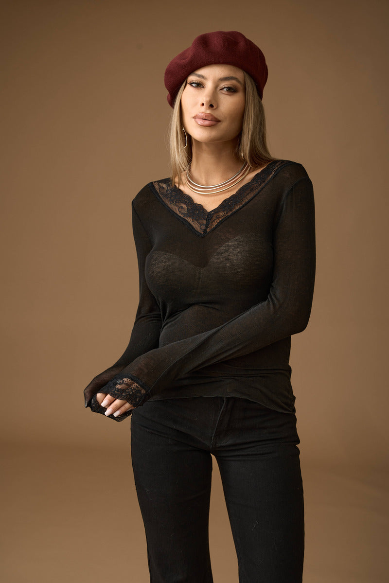Maglia Pizzo Scollo A V Nero|Colore:Nero
