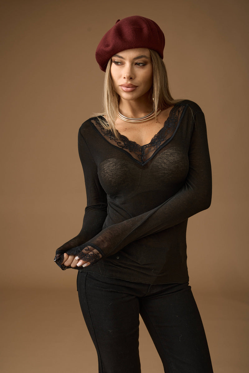 Maglia Pizzo Scollo A V Nero|Colore:Nero