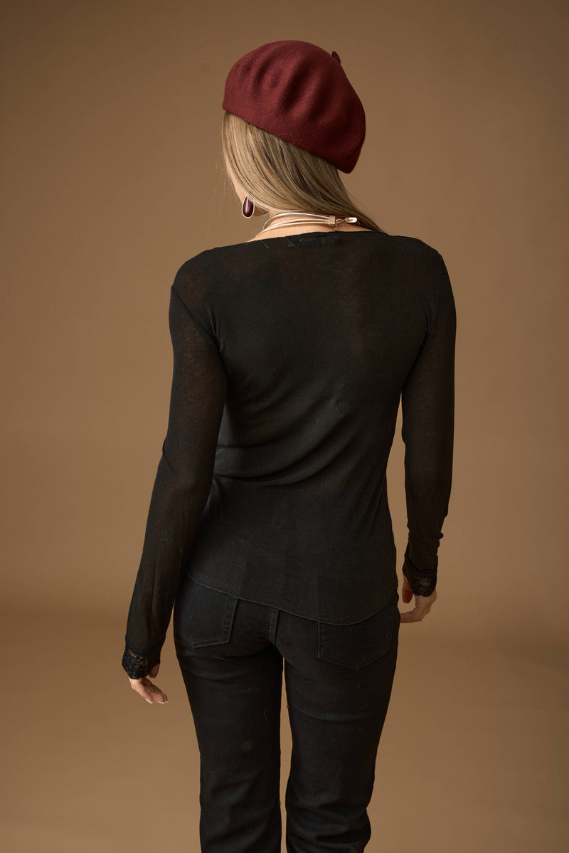 Maglia Pizzo Scollo A V Nero|Colore:Nero