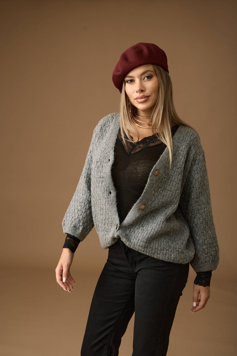 Cardigan Intreccio Bottoni Legno Grigio|Colore:Grigio