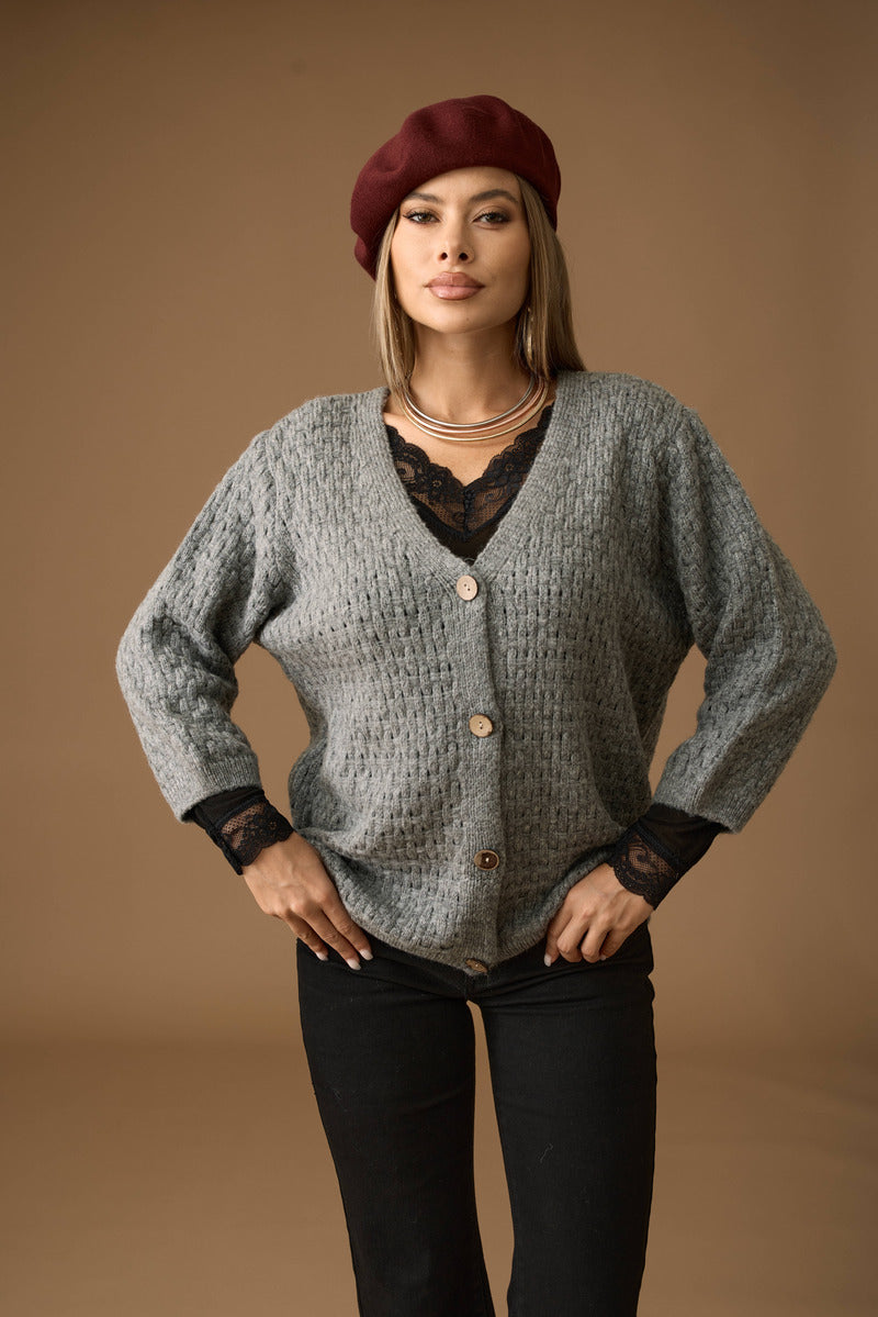 Cardigan Intreccio Bottoni Legno Grigio|Colore:Grigio