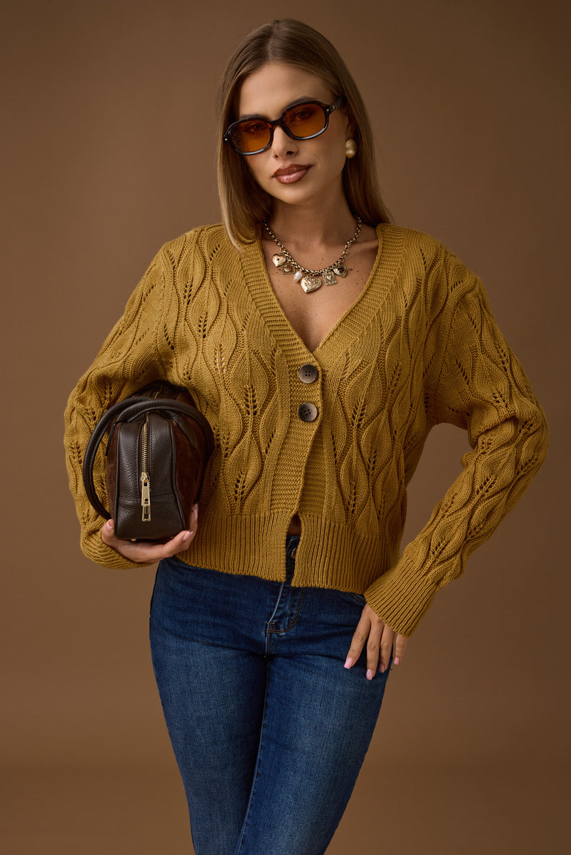 Cardigan Foglie Vestibilità Regolare ocra|Colore:Ocra